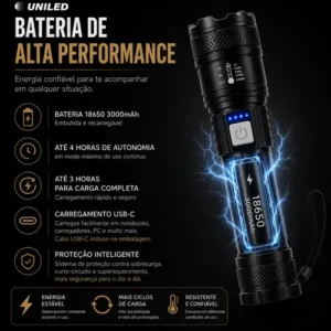 Lanterna Militar Tatica LED Mais Forte do Mundo Potente Zoom Telescópico Alto Brilho Resistente Agua Sitio Fazenda UNILED - Imagem 8