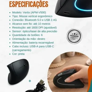 Mouse Vertical Ergonômico Sem Fio Recarregável Bluetooth e USB 2.4G – RGB, Silencioso, DPI Ajustável, Reduz Tensão no Pulso, Portátil e Confortável – Compatível com Notebook, PC, Windows e Mac - Apfer - Imagem 6