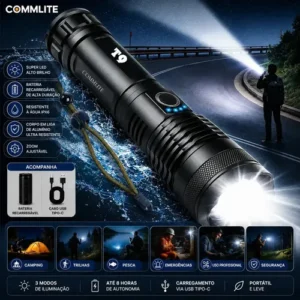 Kit 2 Unidades - Lanterna Tática Militar T9 Mais Forte Do Mundo Profissional Lanterna Potente Led Mais Forte Do Mundo Acampamento Viajens Caça Camping - Commlite Branco Preto - Imagem 9