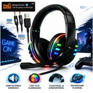 Headset Gamer RGB Led Com Microfone P2 P/ PC PS4 PS5 Xbox Celular Notebook Surround 5.1 Landara - Imagem 1
