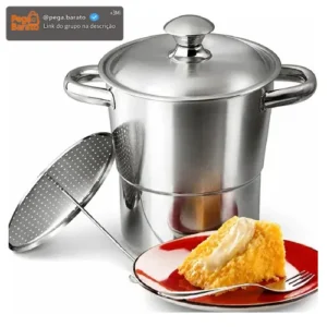 Panela Cuscuzeira Inox 16cm 2,5L Fogão Indução Gás Aço Inoxidável Cozedor A Vapor Para Cuscuz Nordestino Compatível Cooktop Elétrico Vitrocerâmico Fundo Triplo Utensílio Cozinha TOPHUS - Imagem 1
