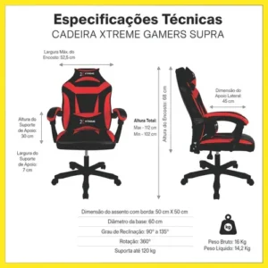 Cadeira Xtreme Gamers Ergonômica 130º Escritório Reclinável Cor Vermelho - Imagem 4