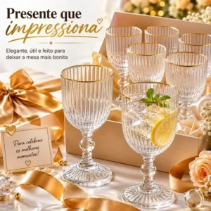 Kit de 6 Taças de Vidro Canelado com Borda Dourada para Água, Vinho e Suco Pratitudo Essencial Versalhes Gold 340 mL - Imagem 5