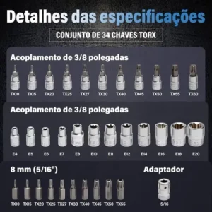 Jogo De Chave Torx Soquete 34 Peças Aço Cromado 3/8 E 5/16 - Imagem 3