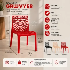 Kit 8 Cadeira Gruvyer Vermelha Moderna Ergonômica Suporta 140kg Empilhavel Resistente Feita Para Área Interna e Externa Bar Restaurante Escritório Casa Sala De Jantar Cozinha Gourmet Design Decorativo - Imagem 13