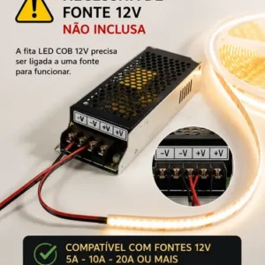 Fita Led Cob 9w 5m 3528 12v Ip20 320 Leds 3000k 4000k 6500k - Imagem 5