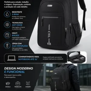 Mochila Grande Masculina Reforçada Notebook Preta Escolar - Imagem 3