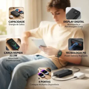 Power Bank 10000mAh Carregador Portátil Turbo 22,5W PD USB-C Carga Rápida 4 Portas Display Digital Bateria Externa Cabo Incluído Proteção Sobrecarga Universal Android iOS Brasiliana Tech - Imagem 4