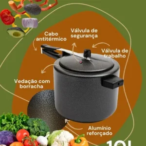 Panela de Pressão 10 litros Alumínio Preta Grande Reforçada Cozimento Rápido Econômica Fechamento Interno - Imagem 6