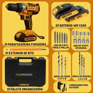 Parafusadeira Furadeira De Impacto 2 Baterias + Kit 46 Peças - Imagem 4