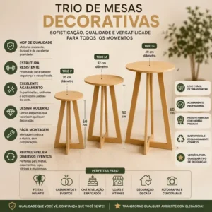 Kit 3 Mesas Decorativas Trio P M G Mdf Cru Festa Decoração - Imagem 4