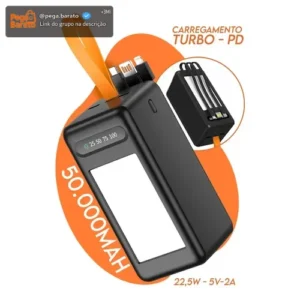 Power Bank 50000mah Preto Turbo 22,5w Carregamento Rápido Usb Tipo C Lightniing Alta Capacidade Portátil Compatível Com Celular Smartphone Tablet iPad Segurança Inteligente - Imagem 1