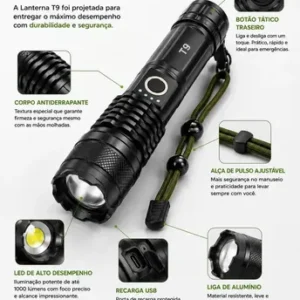 Kit 2 Unidades - Lanterna Tática Militar T9 Mais Forte Do Mundo Profissional Lanterna Potente Led Mais Forte Do Mundo Acampamento Viajens Caça Camping - Commlite Branco Preto - Imagem 4