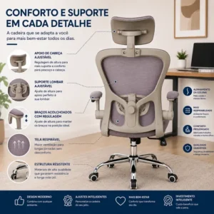 Cadeira Ergonômica Presidente Giratória Com Apoio De Cabeça - Imagem 6