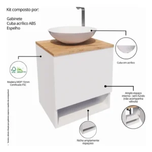 Gabinete Armário Para Banheiro 40cm Com Cuba E Espelho Suspenso Lavabo Completo - Imagem 5