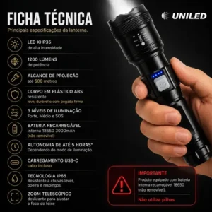 Lanterna Militar Tatica LED Mais Forte do Mundo Potente Zoom Telescópico Alto Brilho Resistente Agua Sitio Fazenda UNILED - Imagem 12