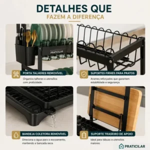 Escorredor De Louça Inoxidável 2 Andares Drenagem Automática Bandeja Grande 360o Organizador Pia Com Porta Pratos Tigelas Talheres Copos - Imagem 5