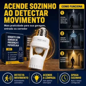 Sensor De Presença E Movimento Iluminação Lâmpada Soquete E27 Fotocélula Infravermelho Bivolt Acende E Desliga Automático Thop Tech Importados - Imagem 4