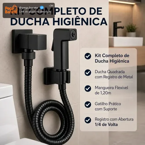 Ducha Higiênica Quadrada Luxo Metal Chuveirinho de Banheiro 1.20 mts Preto Completa ¼ Volta