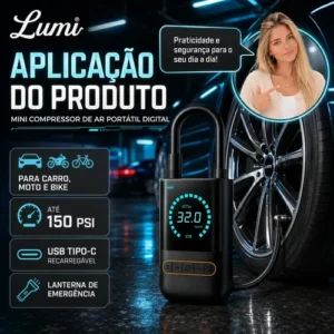 Compressor de Ar Digital Portátil Lumi, para Pneus de Carro, Moto e Bike, com Tela LED - Imagem 4