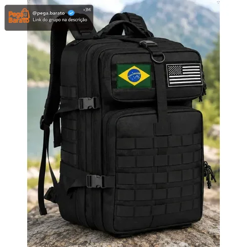 Mochila Tática 50l Masculina Militar Impermeável Reforçada Grande Para Viagem Camping Caça Pesca Com 2 Patch Bandeira Brasil Eua Cor Preta Forpak