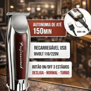 Máquina Profissional Cortar Cabelo E Barba Acabamento Sem Fio Prateado Com Marrom Bivolt 110/220 Cartel Barber Shop - Imagem 10