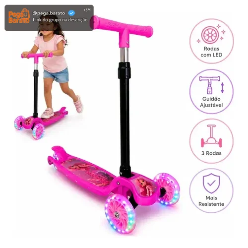 Patinete Infantil 3 Rodas Para Menina Dobrável Ajustável Rodinhas Gel com Led Atacarejo Kids Suporta 30kg