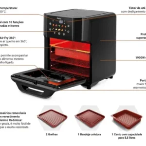 Philco PAF15C Fritadeira Air Fryer Oven 15 Litros Revestimento Redstone Porta Removível Luz Interna 10 Funções Preta - Imagem 6