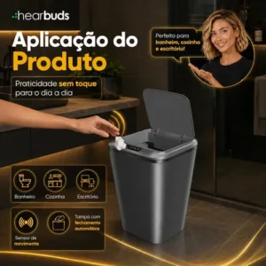 Lixeira Inteligente Automática Cinza Universal Com Sensor Hearbuds Recarregável Anti Odor 16L - Imagem 4