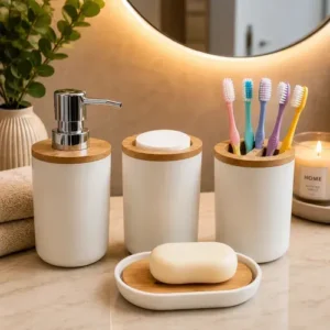Kit 4 Peças Para Banheiro Porta Sabonete Líquido Algodão Esc - Imagem 2