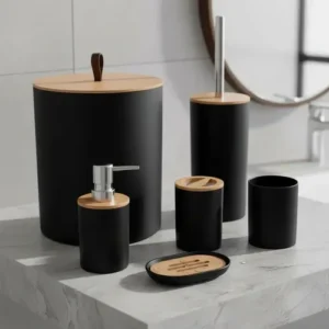 Kit Banheiro Acessórios Kit Banheiro Completo 6 Peças Tampa Fechada Copo Multiuso, Escova Sanitária, Cesto De Lixo, Porta Escova, Porta Sabonete Líquido, Saboneteira Dona Bego Cor Preto Sayonara - Imagem 8