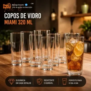 Jogo de 6 Copos Alto 320ml Miami Vidro Grosso Moderno Luxo Transparente Quadrado ViaCruz - Imagem 1