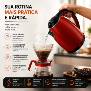 Chaleira Elétrica Inox Vermelha Hold On 1.8L, Com Desligamento Automático e Aquecimento Rápido - Imagem 7