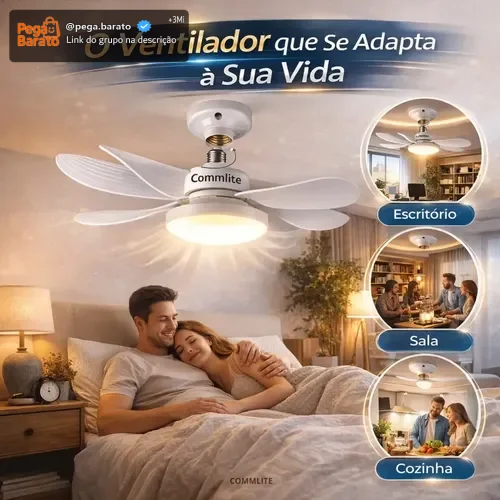 Ventilador de Teto 60W Silencioso Lâmpada Forte com LED, Controle e 6 Pás Soquete E27 Para Residencial Comercial Interno Externo Quarto Sala Cozinha Escritório Gourmet Apartamento Casa - Commlite