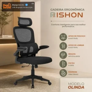 Cadeira Escritório Ergonômica Giratoria Reclinavel Olinda RSH500 Rishon Cor Preto Com Suporte Lombar Estofado Mesh - Imagem 1
