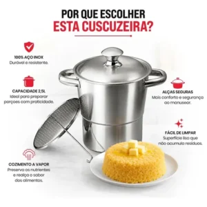 Panela Cuscuzeira Inox 16cm 2,5L Fogão Indução Gás Aço Inoxidável Cozedor A Vapor Para Cuscuz Nordestino Compatível Cooktop Elétrico Vitrocerâmico Fundo Triplo Utensílio Cozinha TOPHUS - Imagem 5