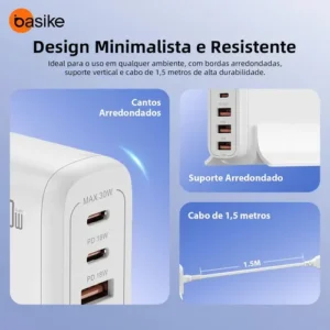 Carregue todos com um só: Basike GaN 30W Turbo Vórtice, 5 portas USB A+C, cabo Type-C 1,5m incluso, bivolt, carregamento rápido para iPhones e Androids. - Imagem 6