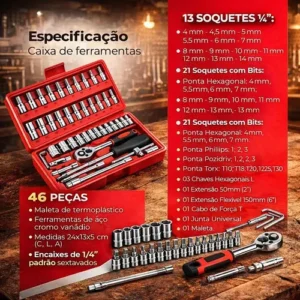 Jogo Soquete Aço Crv 1/4 Catraca Chave Allen C/ Maleta 46 Pç - Imagem 8
