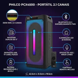 Caixa de Som Philco Extreme 350W Bluetooth 5.3 Luzes LED PCX4500 - Imagem 2