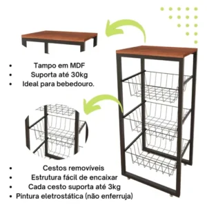 Fruteira de Chão com 3 Cestos e Base Amadeirada em Aço Preto - Imagem 4