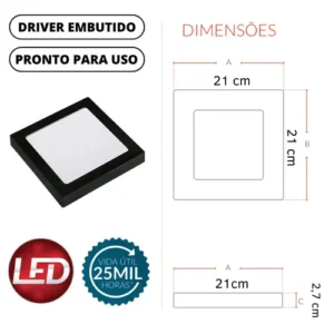 Plafon Led Quadrado Sobrepor Estrutura Preta Bivolt 110v/220v Painel Luminária Com Driver 18w Slim 20x20 Teto Quarto Sala Cozinha Corredor Escritório Forro Gesso Pvc Madeira 6500K Vmd Homecenter - Imagem 3