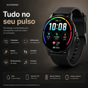 Smartwatch Inteligente Relógio Eletromind Bluetooth Chamadas Ip68 À Prova D'água Redondo Monitoramento Sono Saúde Esporte Preto - Imagem 3