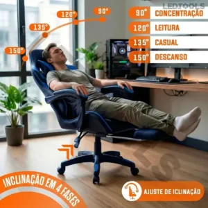 Cadeira Escritório Gamer Ergonômica Reclinável Com Apoio dos Pés Em Couro Azul - Imagem 6