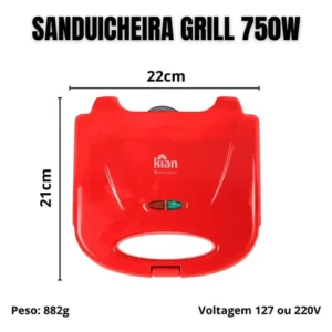 Sanduicheira Grill Elétrica Antiaderente 750w Potente Cor Vermelho - Imagem 2
