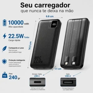 Power Bank 10000 mah Turbo 22.5w Carregador Portátil Display Digital Usb C Universal iPhone Samsung Xiaomi Motorola Audiophile - Imagem 3