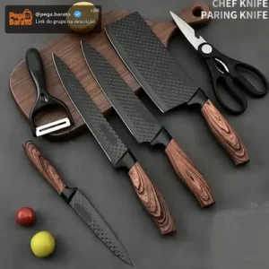 Kit Jogo De Facas Inox Corte Afiado Antiaderente Presente Cor Marrom-escuro - Imagem 1
