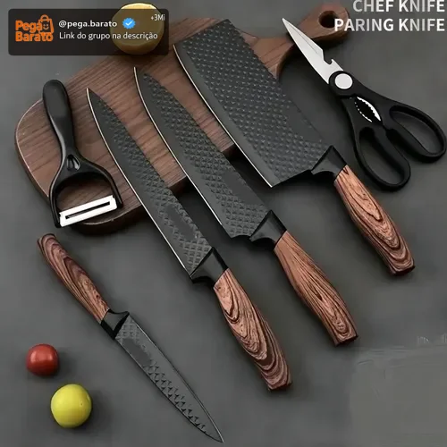 Kit Jogo De Facas Inox Corte Afiado Antiaderente Presente Cor Marrom-escuro