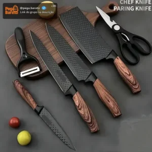 Kit Jogo De Facas Inox Corte Afiado Antiaderente Presente Cor Marrom-escuro - Imagem 1