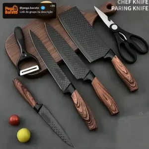 Kit Jogo De Facas Inox Corte Afiado Antiaderente Presente Cor Marrom-escuro - Imagem 1