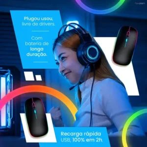 Mouse Sem Fio Recarregável Bluetooth Wireless Óptico Ergonômico Sem Fio Led Rgb Gamer Para Notebook Pc Tablet Smartphone Preto Nixzen - Imagem 5